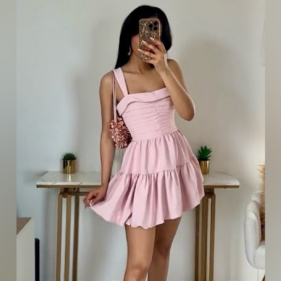 Zara NWT draped balloon bubble hem pink mini dress with ruched detail - Picture 4 of 15